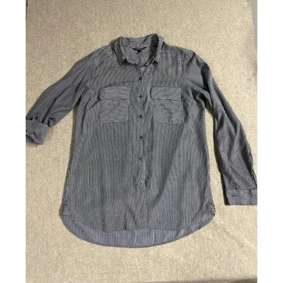 Express Womens Blouse Size Md Button Up Roll Tab Sleeve Grey/White Stripe - Picture 6 of 14